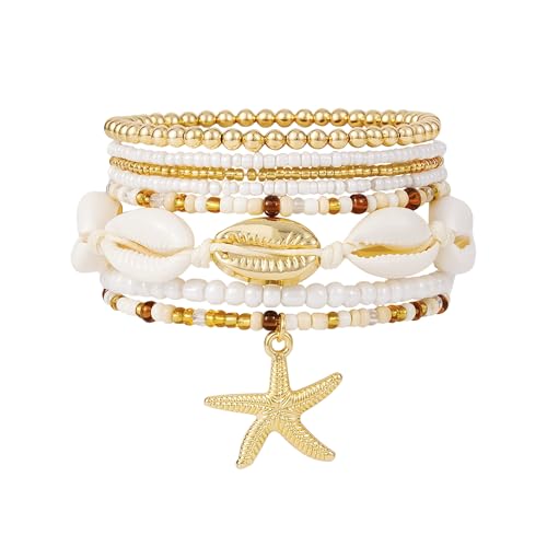LALAPPLE Shell Bracelet Boho Beaded Stretch Bracelets for Women Seashell Strand Bracelets Starfish Charm Jewelry Summer Beach Jewelry Stackable Crystal Gold Plated Beads Bracelet for Women - style: Style2