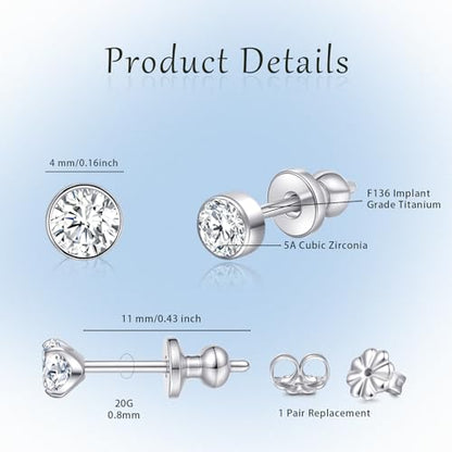 Limerencia Hypoallergenic G23 Pure F136 Implant Grade Titanium Earrings | 20G Flat Back Studs with CZ, Available in Round, Princess-Cut, Square & Ball, Earrings for Women and Men with Sensitive Ears - style: 4mm Round CZ