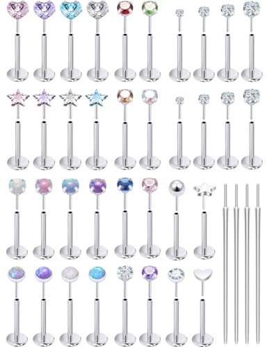 Prjndjw 18G 20G 16G Push in Threadless Nose Rings Stud Earrings Hypoallergenic Flat Back Surgical Stainless Steel Cubic Zircon Helix/Cartilage/Tragus/Lobe Earrings Lip Labret Snake Bite Jewelry - color: 20g 6mm Push In Flat Back Stud Piercing jewelry