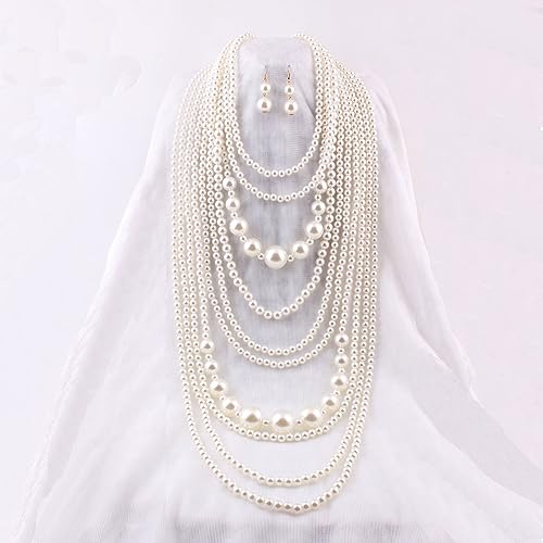 Multilayer Strand Chain Faux Pearls Flapper Beads Cluster Long Choker Necklace - color: Beige Necklace