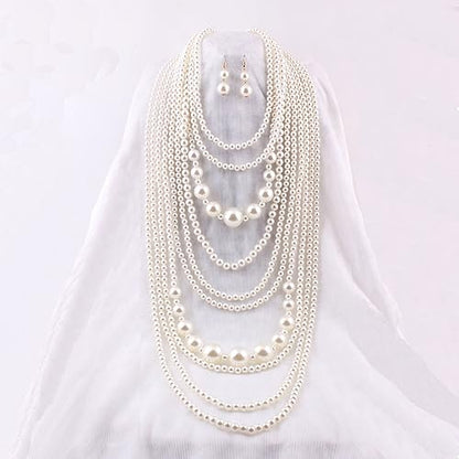 Multilayer Strand Chain Faux Pearls Flapper Beads Cluster Long Choker Necklace - color: Beige Necklace