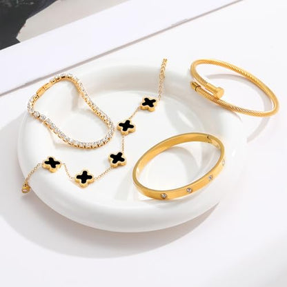 18K Gold Plated Bangle Bracelets Stack for Women,Four Leaf Clover Stackable Bracelets Non Tarnish,4 Pcs Jewelry sets Gifts - color: Black