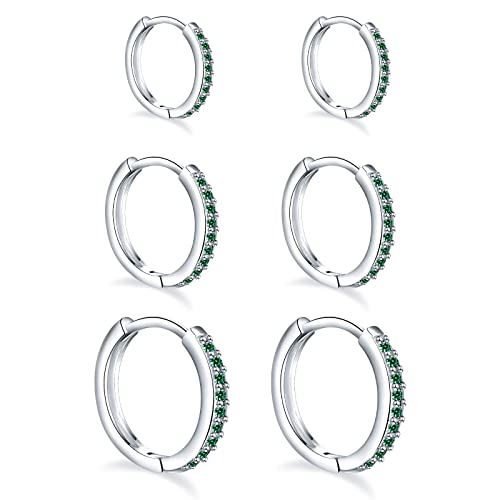 3 Pairs 925 Sterling Silver Small Hoop Earrings for Women Men | Cubic Zirconia, 14K White Gold Plated Huggie Hoop Earrings, Hypoallergenic - style: R-green cz 8/10/12mm