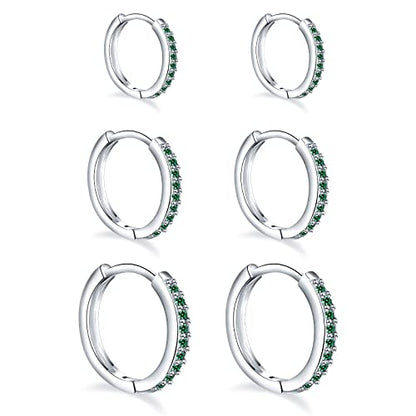 3 Pairs 925 Sterling Silver Small Hoop Earrings for Women Men | Cubic Zirconia, 14K White Gold Plated Huggie Hoop Earrings, Hypoallergenic - style: R-green cz 8/10/12mm