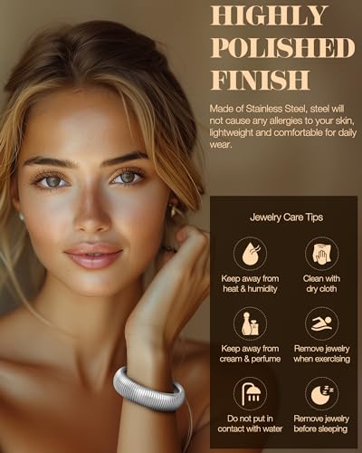 Gold Bangle Bracelets for Women Chunky Stretch Bracelet Set Stackable Bangles 14K Gold Plated Stainless Steel 10mm 16mm 20mm