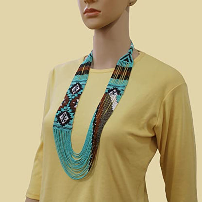 Handmade Native American Style Tribal ethnic Seed Bead Beaded Layered Medallion Necklace - color: Turquoise