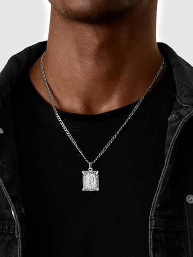U7 Initial Letter Necklace for Men Women, 14K Gold/Silver Plated Square Capital Monogram Pendant Necklace from A-Z with 22+2 Inch Figaro Chain, Personalized Jewelry for Him - color: Silver, style: P