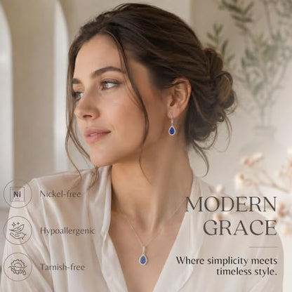Jewelry Sets for Women, Necklace and Earring Sets for Women, Birthstone Jewelry, Genuine or Synthetic Gemstones, Teardrop Necklace and Dangle Earrings, Pendant Necklace, Sterling Silver Jewelry - color: Created Blue Sapphire