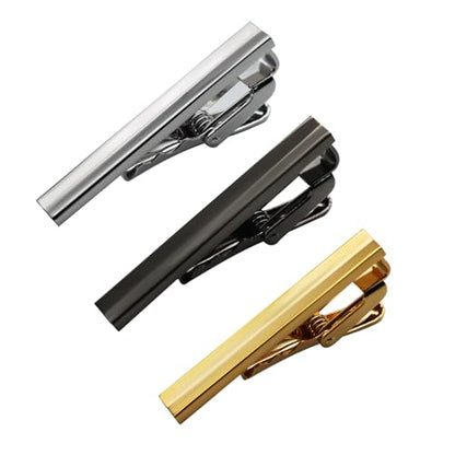 Simple skinny Tie Clip Length 1.5/2 inch 3 Pack Tie Bar Set Gold Silver Black Suitable for dating business wedding and daily life tie matching