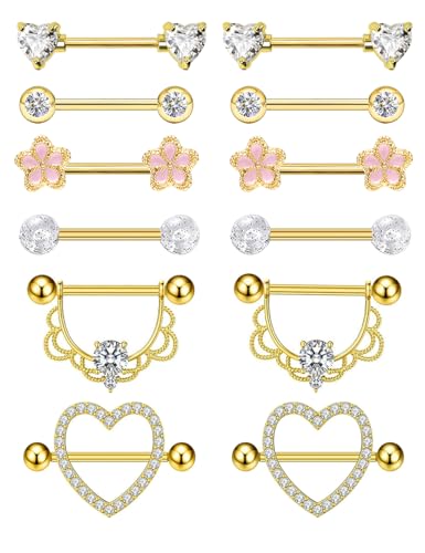 TIANCI FBYJS 6 Pairs Nipple Rings Stainless Steel Heart Butterfly Moon Flower CZ Stud Barbell Tongue Rings Set Cute Nipplerings Piercing Jewelry for Women Pink Tone - color: gold color