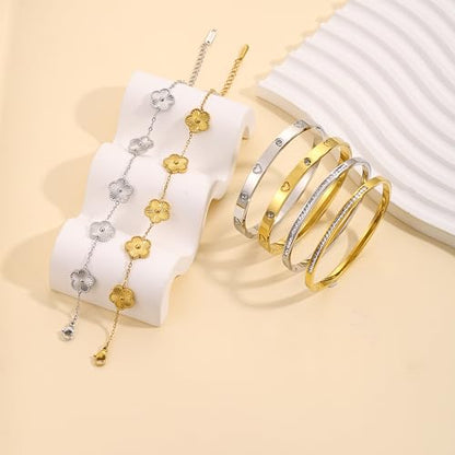 Gold Bangle Bracelets for Women -2PCS Friendship & Love Bangle Bracelet Clover Nail Bracelet Stack Set Trendy Non-Tarnish Stainless Steel Jewelry Gifts for Mom Wife Her - color: Gold 3PCS