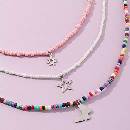 Handmade Multilayered Rainbow Colorful Beads Link Chain Moon Star Butterfly Pendant Choker Necklace Friendship Creative Beach Costume Jewelry for Women - color: butterfly
