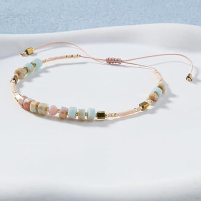 KELITCH Crystal Agate Friendship Bracelet Handmade Seed Beads Adjustable Bracelets for Women - color: Beige