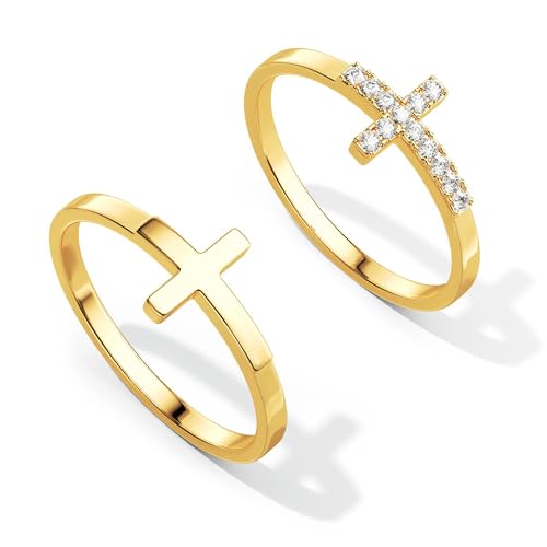 Foxgirl Cross Gold Rings for Women Non Tarnish, Dainty Trendy Stackable Ring Set 14k Gold Plated Thin Cz Cross Finger Rings for Women Non Tarnish Simple thumb Rings for Momen Gold Jewelry Size 5-10 | Dainty Thin Stackable Rings with Cross and CZ Details,