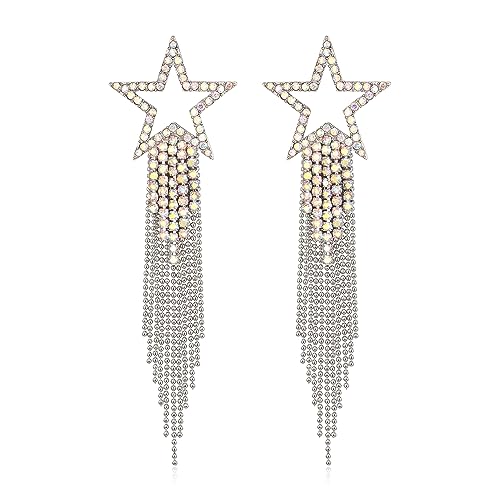 EVER FAITH Crystal Long Waterfall Star Tassel Clip-on Earrings for Women | Rhinestone Beaded Fringe Chandelier Dangle Statement Earring, Wedding Party Jewelry - color: Iridescent AB Silver-Tone