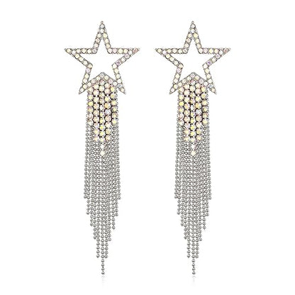EVER FAITH Crystal Long Waterfall Star Tassel Clip-on Earrings for Women | Rhinestone Beaded Fringe Chandelier Dangle Statement Earring, Wedding Party Jewelry - color: Iridescent AB Silver-Tone