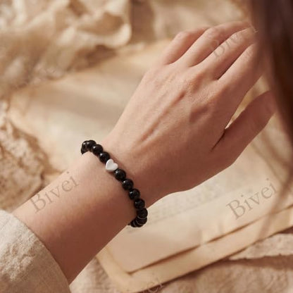 Bivei Crystal Stretch 6mm Bracelets for Women | Handmade Natural Stone Beaded Stretch Bracelet, Stainless Steel Heart Bead, Tranquility Yoga Gift Jewelry for Women - color: Black Onyx - Grounding