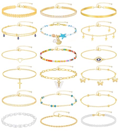 21PCS Gold Ankle Bracelets for Women, Boho Shell Bead Cuban Link Chain Waterproof Gold Anklets Set, Adjustable Layered Anklets for Women Beach Jewelry Gift - color: Gold-cuban chain