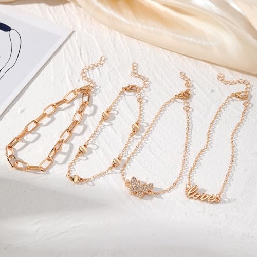 Fesciory 14K Gold Plated Ankle Bracelets Sets For Women, Adjustable Layered Infinite Anklet, Summer Beach Butterfly Star Foot Chain Jewelry Gifts - style: Love(Gold)