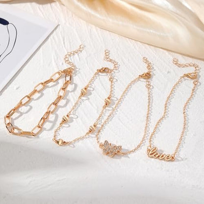 Fesciory 14K Gold Plated Ankle Bracelets Sets For Women, Adjustable Layered Infinite Anklet, Summer Beach Butterfly Star Foot Chain Jewelry Gifts - style: Love(Gold)