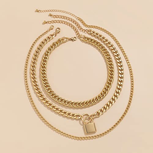 Jumwrit Chunky Chain Necklace Punk Layered Choker Necklaces Cuban Link Chain Necklace with Lock Pendant Necklace Statement Necklace for Women and Girls - color: Gold