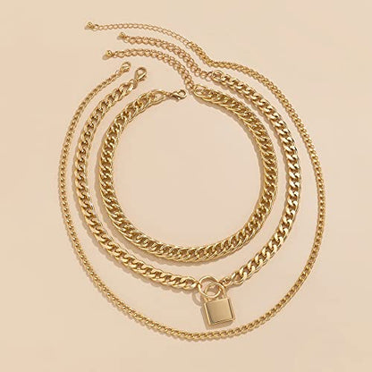 Jumwrit Chunky Chain Necklace Punk Layered Choker Necklaces Cuban Link Chain Necklace with Lock Pendant Necklace Statement Necklace for Women and Girls - color: Gold