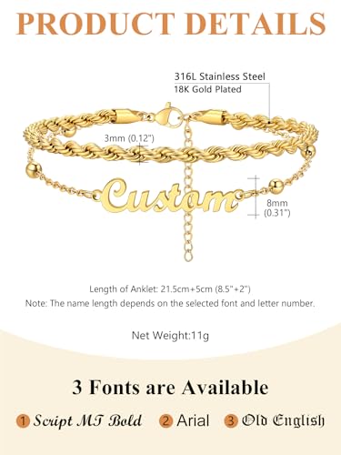 Custom4U Custom Name Anklet Bracelets for Women Waterproof Beaded/Figaro/Cuban/Rope/Wheat Chain Anklet Stackable Gold Plated Non Tarnish Custom Beach Gift Barefoot Summer Jewelry for Her - color: E01-Gold Rope Chain