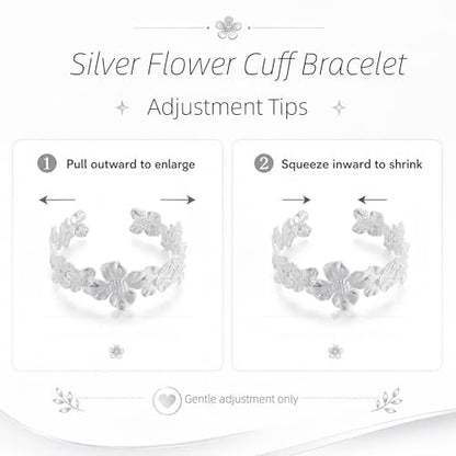 YWMAN Silver Flower Cuff Bracelet, Metallic Floral Chunky Bracelet for Women - color: Flower 1