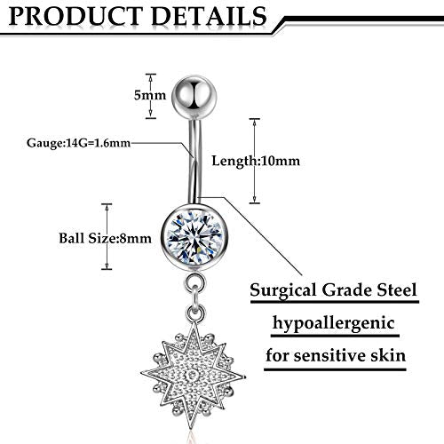 Hicarer 8 Pieces 14G Belly Button Rings Steel Long Dangle Navel Ring CZ Body Piercing Jewelry - color: Silver