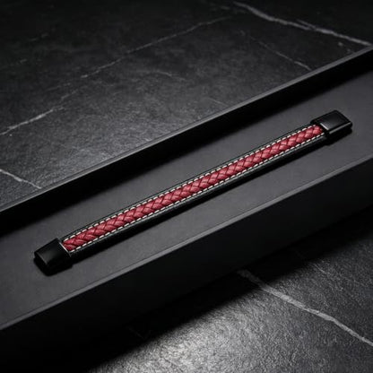 Italian Handmade Leather Bracelets for Men - color: Black Red, size: 8.2"