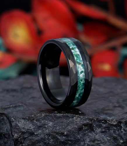8mm Black Tungsten Mens Wedding Band with Moss Agate/Emerald/Citrine | Amethyst/Aquamarine, Gothic, Birthstone, Hammered, Engagement Promise Ring, Anniversary Valentine Day Birthday Gift for Him - style: Green Moss Agate