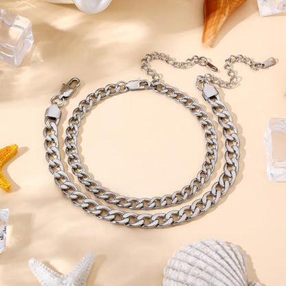 2PCS Ankle Bracelets for Women - Gold/Silver Plated Stainless Steel Anklets Set - Waterproof Layered Cuban Link Chain Anklet Bracelet Summer Beach Foot Jewelry Gifts for Women - color: Style 1-Silver