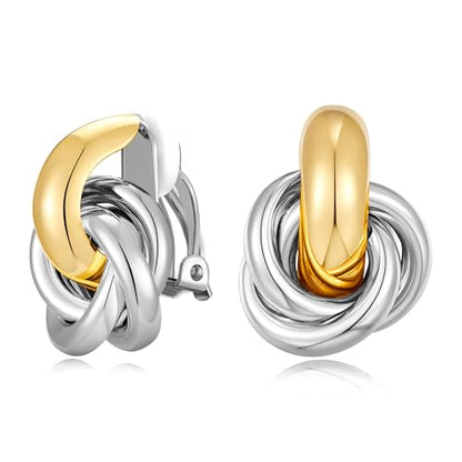 Gold Geometric Clip On Earrings for Women Chunky Gold Knot Link Clip Earrings Trendy Jewelry - color: Two Tone-B