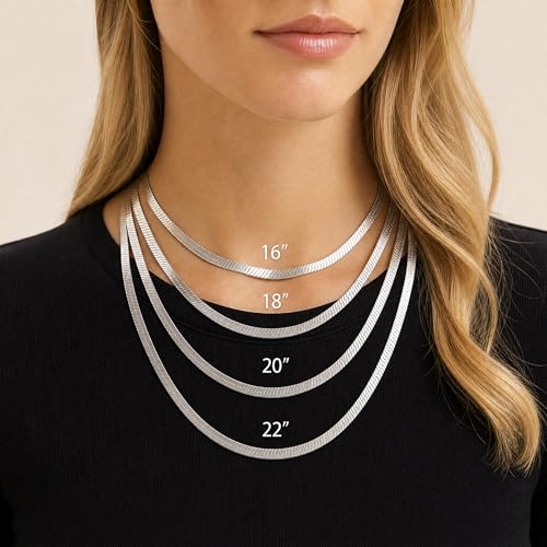 14K Gold/Silver Plated Stainless Steel Herringbone Necklace for Women, Dainty Snake Chain Choker, Trendy Simple Long Layered Jewelry, Non Tarnish 4mm Flexible Flat Necklace, Made in Italy - color: S-20