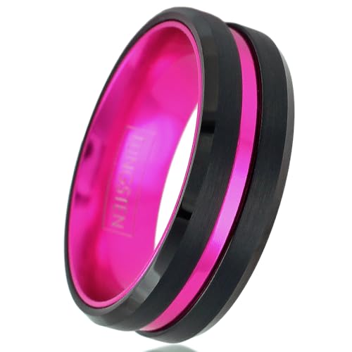 Engraved Personalized 6mm/8mm Brushed Satin Finish Black Tungsten Carbide Band Ring with Hot Pink Stripe & Hot Pink Anodized Aluminum Comfort Fit Inner Band.