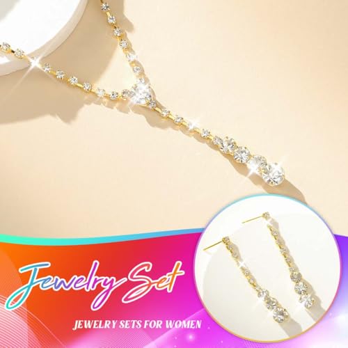 Bride Silver Bridal Necklace Earrings Set Crystal Wedding Jewelry Set Rhinestone Choker Necklace for Women and Brides - color: B Gold