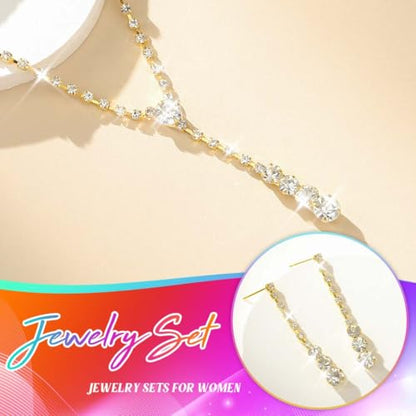Bride Silver Bridal Necklace Earrings Set Crystal Wedding Jewelry Set Rhinestone Choker Necklace for Women and Brides - color: B Gold