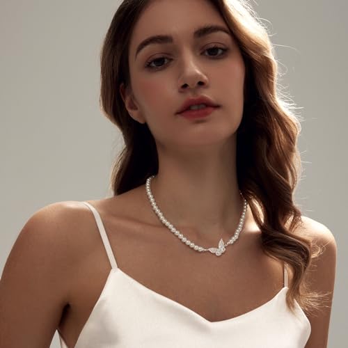 Zeffy Pearl Necklace 4MM/6MM/8MM Dainty Round Imitation Pearl Choker Necklace Wedding Pearl Necklace Delicate Jewelry for Women Simple Bridesmaid Jewelry Gifts - style: 6mm Silver Butterfly Pearl Necklace(18"+2")