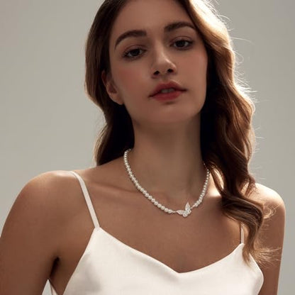 Zeffy Pearl Necklace 4MM/6MM/8MM Dainty Round Imitation Pearl Choker Necklace Wedding Pearl Necklace Delicate Jewelry for Women Simple Bridesmaid Jewelry Gifts - style: 6mm Silver Butterfly Pearl Necklace(18"+2")