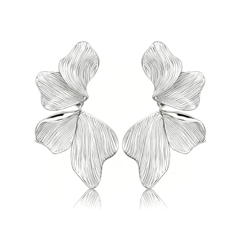 Chunky Gold Plated Flower Statement Drop Earrings for Women | Hypoallergenic 18K Gold Plated Textured Petal Wing, Large Statement Dangle Earrings for Wedding Party - color: silver