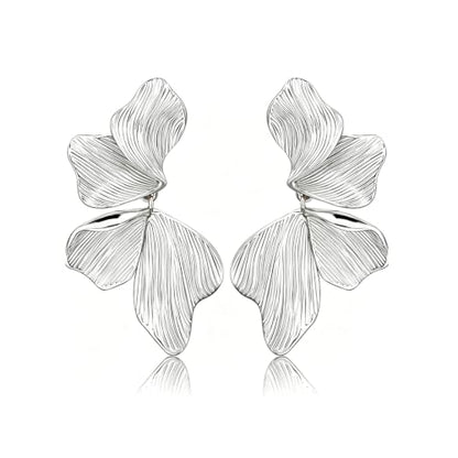 Chunky Gold Plated Flower Statement Drop Earrings for Women | Hypoallergenic 18K Gold Plated Textured Petal Wing, Large Statement Dangle Earrings for Wedding Party - color: silver
