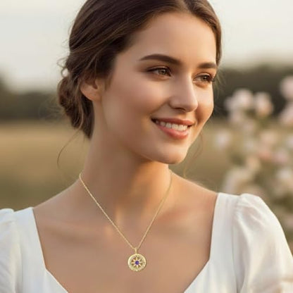 Compass Necklace for Women Wife Girlfriend Mom Daughter Gifts | S925 Silver Jewelry For Anniversary 18K Rose Gold Gifts For Birthday Christmas Mothers Valentines Day 12 Birthstones - style: 02-February-Gold