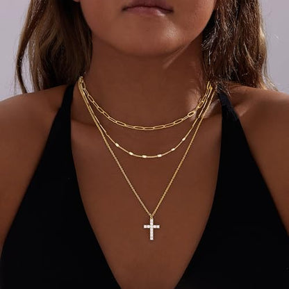 Poxtex Layered Gold Necklaces for Women, Stackable Dainty 14K Gold Silver Plated Trendy Simple Heart Diamond Cross Bow Circle Pendant Paperclip Choker Dot Chain Necklace,Jewelry Set Gifts for Women - color: Gold, style: Cross2