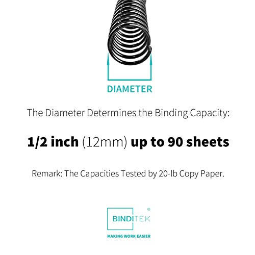 Binditek Plastic Spiral Binding Coils, 12 mm, 4:1 Pitch, Black, 100 Pack | Coil Binding Spines, 1/2", 90 Sheet Capacity, 48 Loops, for Letter-Size Reports, Presentations, School and Office Projects - size: 12mm, style: 100P , Black