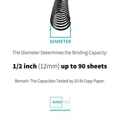 Binditek Plastic Spiral Binding Coils, 12 mm, 4:1 Pitch, Black, 100 Pack | Coil Binding Spines, 1/2", 90 Sheet Capacity, 48 Loops, for Letter-Size Reports, Presentations, School and Office Projects - size: 12mm, style: 100P , Black