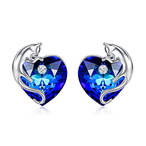 AOBOCO 925 Sterling Silver Cute Cat Studs Earrings for Women | Heart Crystals from Austira Cats Jewelry Gifts for Cat Lovers - color: Sapphire Blue