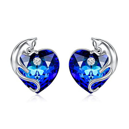 AOBOCO 925 Sterling Silver Cute Cat Studs Earrings for Women | Heart Crystals from Austira Cats Jewelry Gifts for Cat Lovers - color: Sapphire Blue