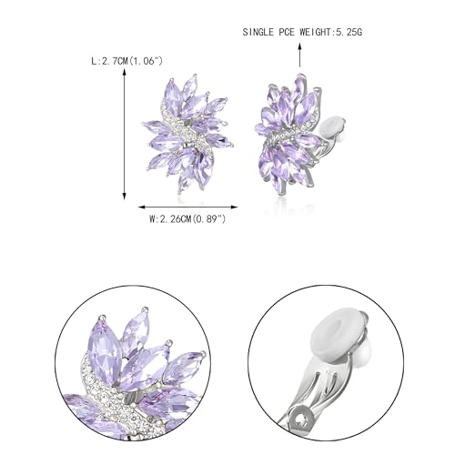 EVER FAITH Sparkly Rhinestone Clip-on Earrings for Women Bride, Fashion Marquise Crystal Cluster Wedding Bridal Stud Earring for Prom Formal Party - color: Light Purple Silver-Tone