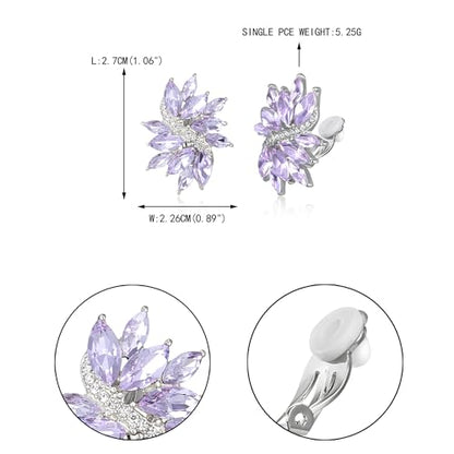 EVER FAITH Sparkly Rhinestone Clip-on Earrings for Women Bride, Fashion Marquise Crystal Cluster Wedding Bridal Stud Earring for Prom Formal Party - color: Light Purple Silver-Tone