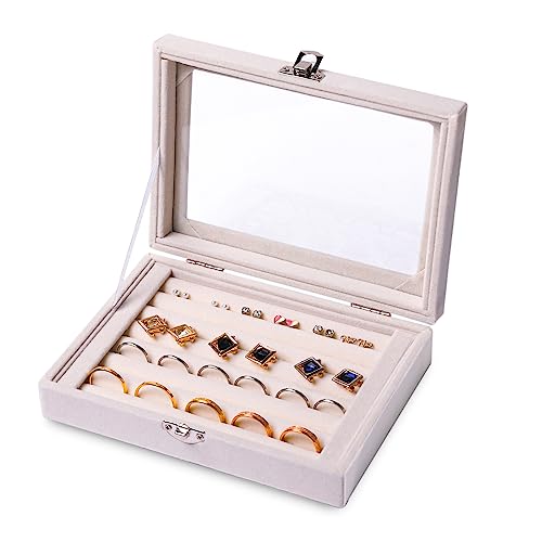Tiny Velvet Ring Organizer Tray, 7 Slots Ring Jewelry Storage | Ring Storage,Ring Holder For Women,Ring Display,Ring Storage With Velvet Lining,With Clear Lid,Drawer Insert Jewelry Storage - color: Beige, size: 7 Slots